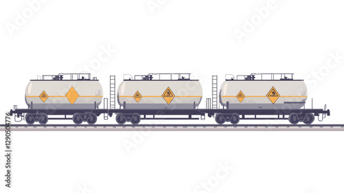 A digital illustration depicts three connected tanker rail cars on a set of railway tracks. Each car is primarily white or light grey with yellow hazard markings.  The cars are cylindrical