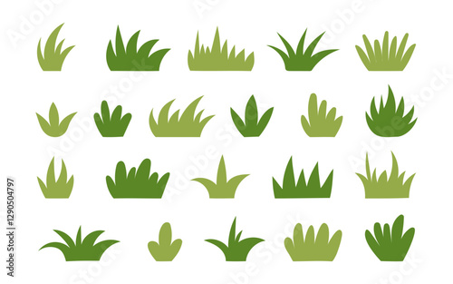 Set of green grass elements isolated on white. Concept of nature, ecology, environment. Vector hand drawn cliparts. 