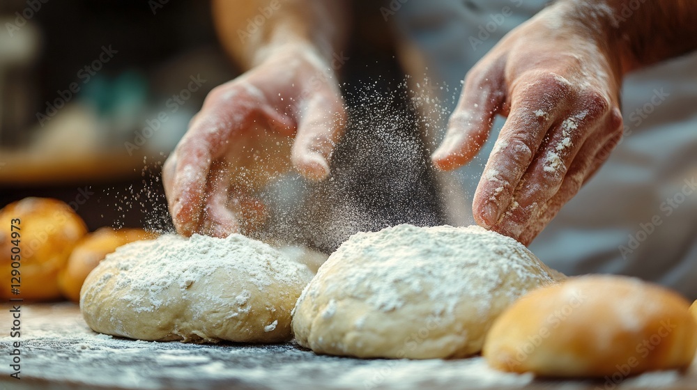Fototapeta premium Baker sprinkling flour over fresh dough for baking bread
