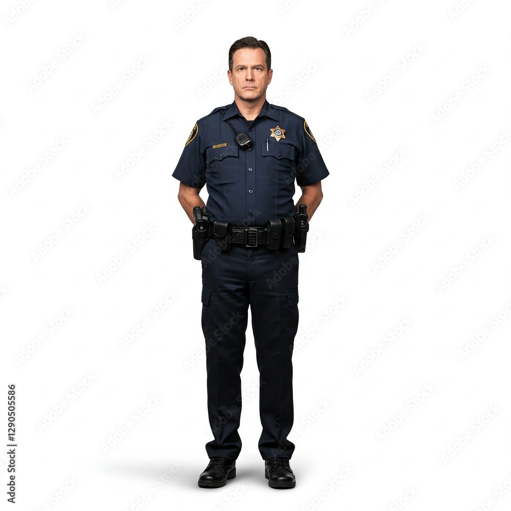 Professional Portrait of a Uniformed Police Officer Standing Confidently Isolated on White Background Professional Portrait of a Uniformed Police Officer Standing Confidently Isolated on White Background