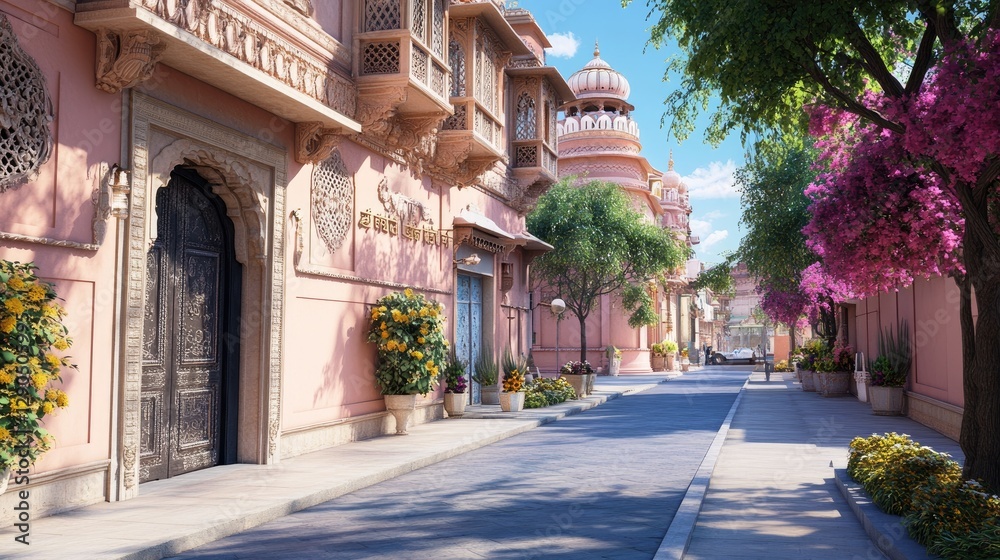 Fototapeta premium Serene Street Scene with Stunning Architecture and Vibrant Flora