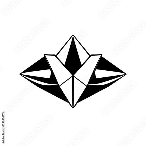 Geometric, symmetrical, and abstract composition in black and white, featuring a symmetrical shape composed of black and white triangular elements on a plain white background.