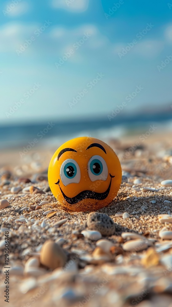 Naklejka premium Happy Smiley Face Beach Ball on Sunny Sandy Shore Summer Fun