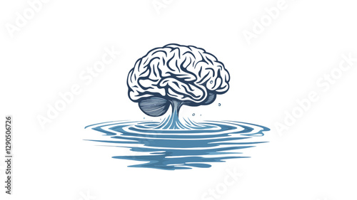 The image is a vector illustration or line drawing depicting a stylized human brain. The brain is rendered in shades of blue and gray, with detailed representation of its convolutions.  It