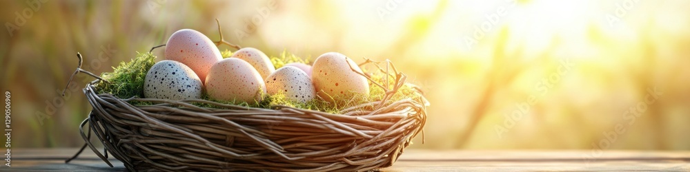Rustic Easter basket woven from twigs filled with speckled eggs and fresh green moss sitting on a farmhouse wooden table bathed in golden sunrise light Rustic Easter basket woven from twigs filled with speckled eggs and fresh green moss sitting on a farmhouse wooden table bathed in golden sunrise light