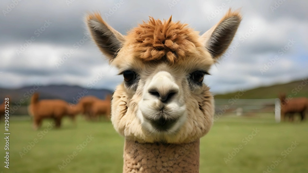 Obraz premium Close up of alpaca in the green field