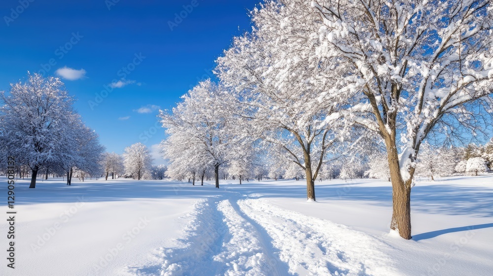 Serene Winter Landscape with Snow-Covered Trees and Blue Sky Serene Winter Landscape with Snow-Covered Trees and Blue Sky