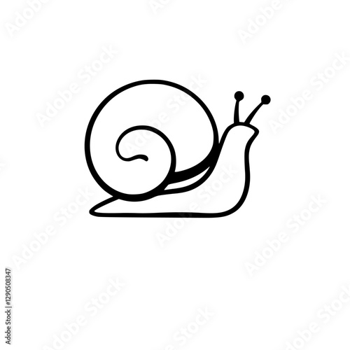 Minimalist ink drawing of a snail, snail is centered on a white background, showing outline, illustration of a snail.