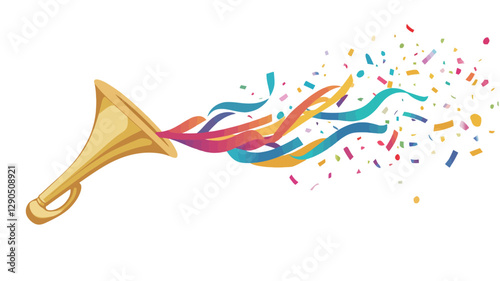 The image is a digital illustration depicting a gold-colored trumpet from which multicolored confetti and wavy streamers are emanating.  The confetti is small and scattered, while the