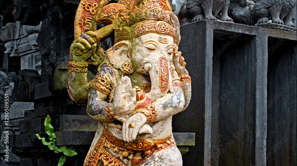Fototapeta premium An old stone statue of Ganesha covered with moss.