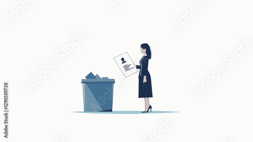 A vector illustration depicts a woman in a dark dress and high heels standing in profile view. She is holding a document and dropping it into a blue trash can. The illustration is rendered
