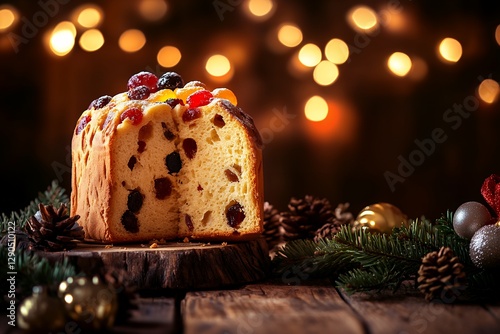 Fototapeta Naklejka Na Ścianę i Meble -  Festive panettone cake with dried fruits and holiday decorations