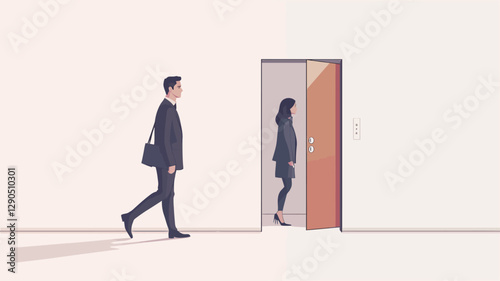 The illustration depicts a minimalist scene. A man in a suit walks away from a doorway, while a partially visible woman appears to be entering through the same door. The background is a