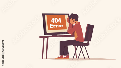 A vector illustration depicting a person sitting at a desk in front of a computer displaying a "404 Error" message. The person is depicted with their hands on their head, expressing