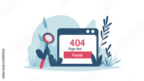 A vector illustration depicting a computer screen displaying a "404 Page Not Found" error message. The screen is simple, flat design, with a dark blue frame and light blue background. The