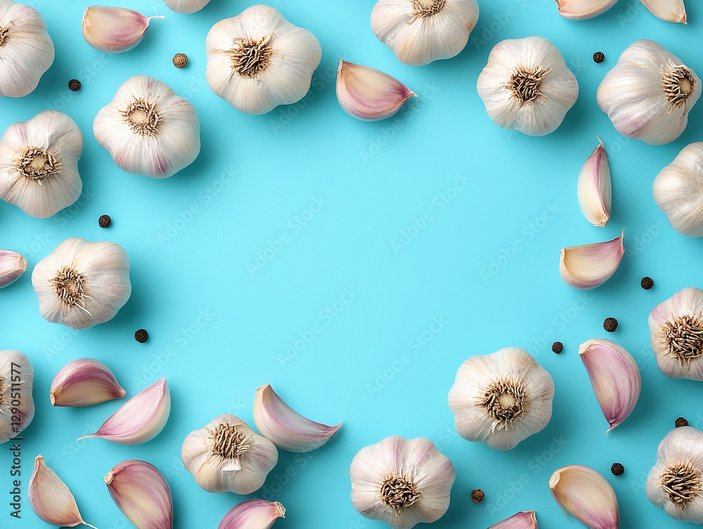 Obraz premium Fresh garlic and cloves arranged on blue background