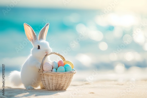White rabbit with basket of colorful easter eggs on a sandy beach