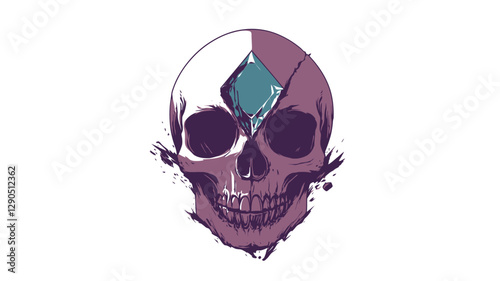 A digital illustration of a stylized human skull. The skull is rendered in shades of purple and white, with a teal/blue gemstone embedded in the frontal bone, seemingly splitting the skull