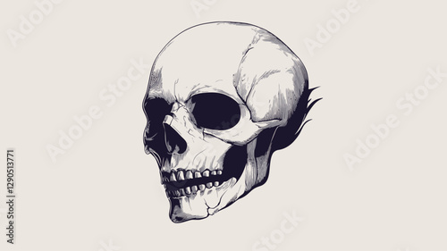 A detailed, grayscale illustration of a human skull rendered in a slightly stylized manner. The skull is presented in a three-quarter view, with subtle shading and highlighting to create a