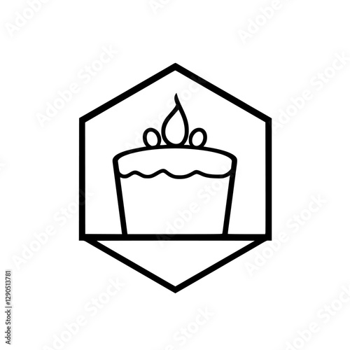 Simple, vector illustration of a cake, within a hexagon shaped frame, highlighting the top tier, and elegant styling.