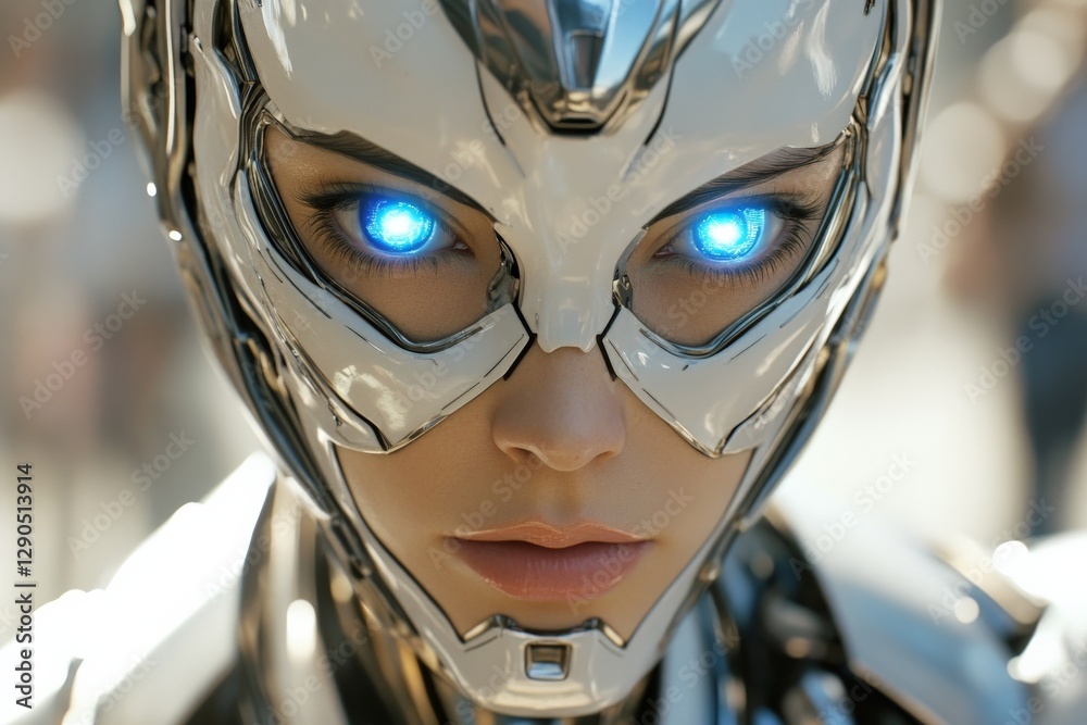 Fototapeta premium Detailed close-up of a futuristic humanoid robot with glowing blue eyes in an urban environment
