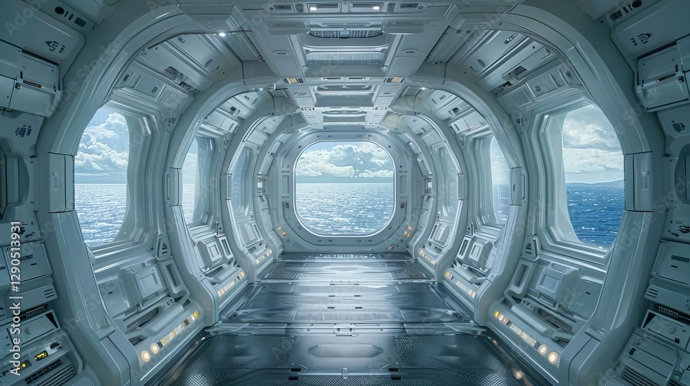 Obraz premium Futuristic Spaceship Corridor with Ocean View Sci Fi Interior Design