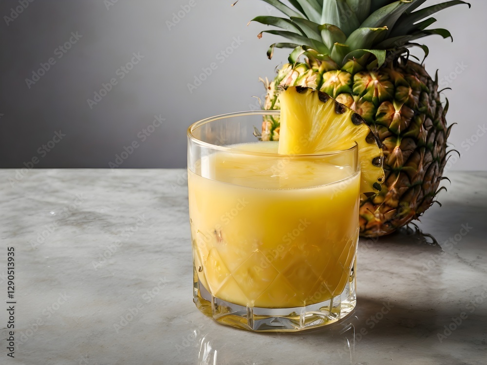 Pineapple juice in a clear glass and bottle on a light table. Half a pineapple and slices in the background. Palm leaves on a light background
