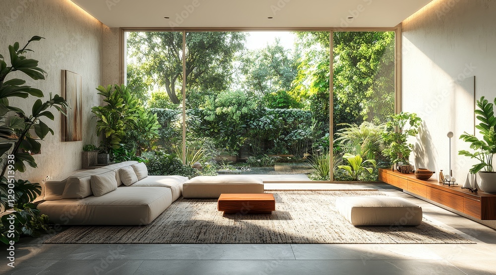 Fototapeta premium Cozy Indoor Space Filled With Natural Light and Lush Greenery Featuring Comfortable Seating and Woven Decor in a Serene Environment