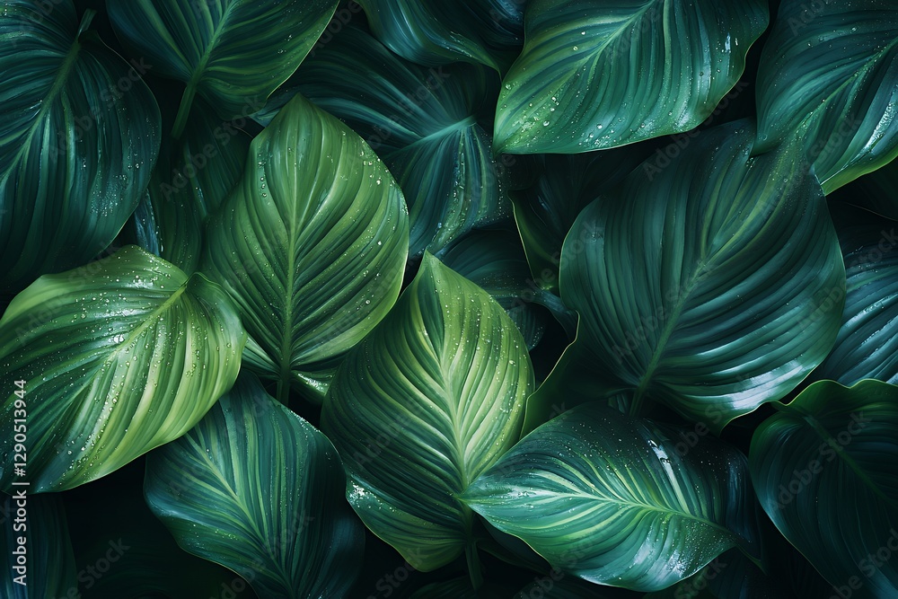 Lush green tropical leaves with dewdrops in a dense natural foliage pattern Lush green tropical leaves with dewdrops in a dense natural foliage pattern