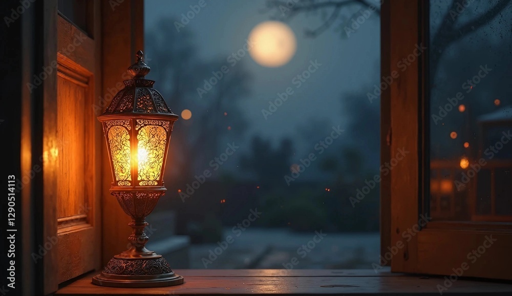 A lantern lights up on the table with the full moon in the background at night. Generate AI A lantern lights up on the table with the full moon in the background at night. Generate AI