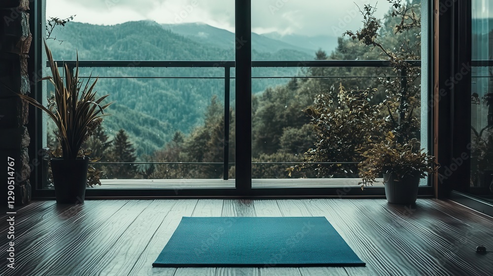 Fototapeta premium Tranquil Yoga Studio with Mountain View and Plants