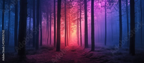 Mystical forest scene with tall dark trees silhouetted against vibrant purple pink and blue misty lights creating an enchanting atmosphere.