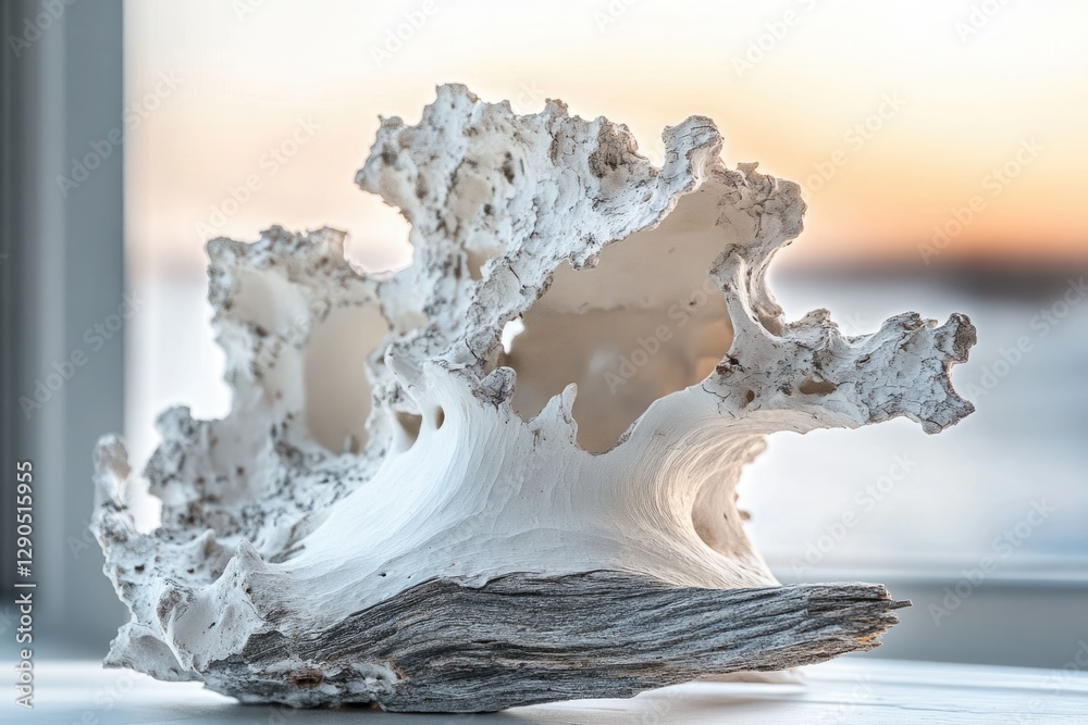 Obraz premium Intricate white driftwood sculpture with holes, rests on a gray base against a sunset backdrop.