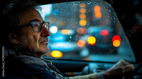 Mature Man Driving Car at Night City Lights Blurred Background Glasses Serious Expression
