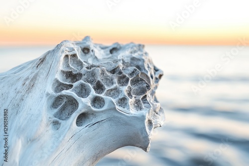 Intricate honeycomb texture of bleached driftwood against a blurred sunset seascape.