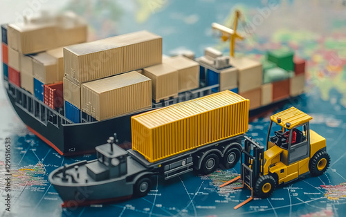 A cargo ship, truck and forklift stand against a global map backdrop, symbolizing worldwide logistics, freight transport and international trade. photo