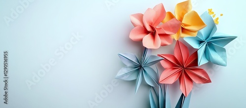 Colorful origami flowers in orange, pink, and blue arranged on the right side against a soft blue background creating a vibrant spring atmosphere