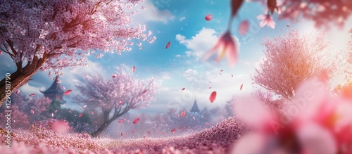 Blossoming almond trees with pink flowers fill the orchard, set against a vibrant blue sky, with scattered petals in soft focus foreground.