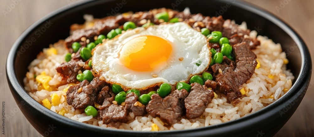 Bowl of Korean beef rice topped with a fried egg and green peas on a wooden table background, featuring rich brown and golden tones. Bowl of Korean beef rice topped with a fried egg and green peas on a wooden table background, featuring rich brown and golden tones.
