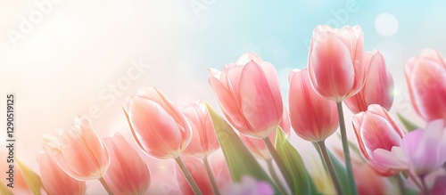 Delicate pink tulips in soft focus against a dreamy blue and pastel background with light bokeh effects creating a serene floral ambiance.