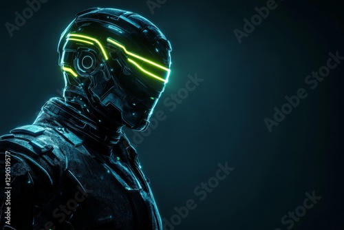 Futuristic male figure with glowing highlights stands in a dark, high-tech environment photo