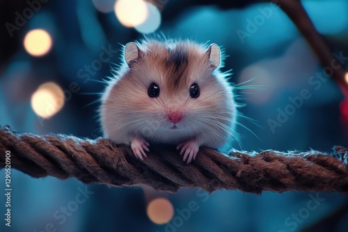 Circus hamster performs on a crossbeam surrounded by colorful lights at an evening show, circus hamster on the crossbeam