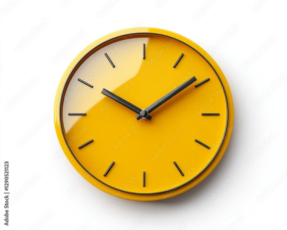 A simple yellow clock icon with smooth circular edges and black hands, minimalistic design on white A simple yellow clock icon with smooth circular edges and black hands, minimalistic design on white