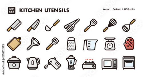 Kitchen utensils illustration icon set.Simple vector outlines, clipart for graphic design.