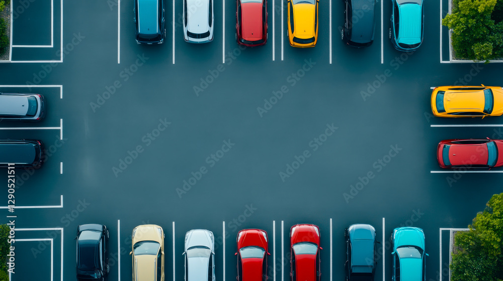 Fototapeta premium Aerial view of a parking lot filled with various colored cars, neatly organized with clear lanes and greenery on the sides.