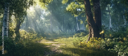 Lush green forest panorama featuring sunlight streaming through trees casting dappled shadows on a serene, winding path surrounded by vibrant foliage. photo
