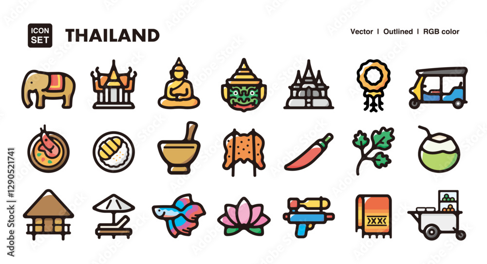 Obraz premium Thailand illustration icon set.Simple vector outlines, clipart for graphic design.