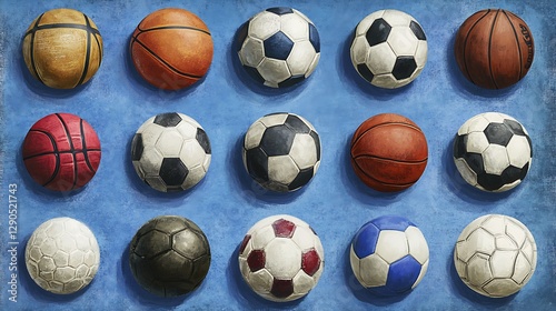 Collection of Vintage Sports Balls on Blue Background