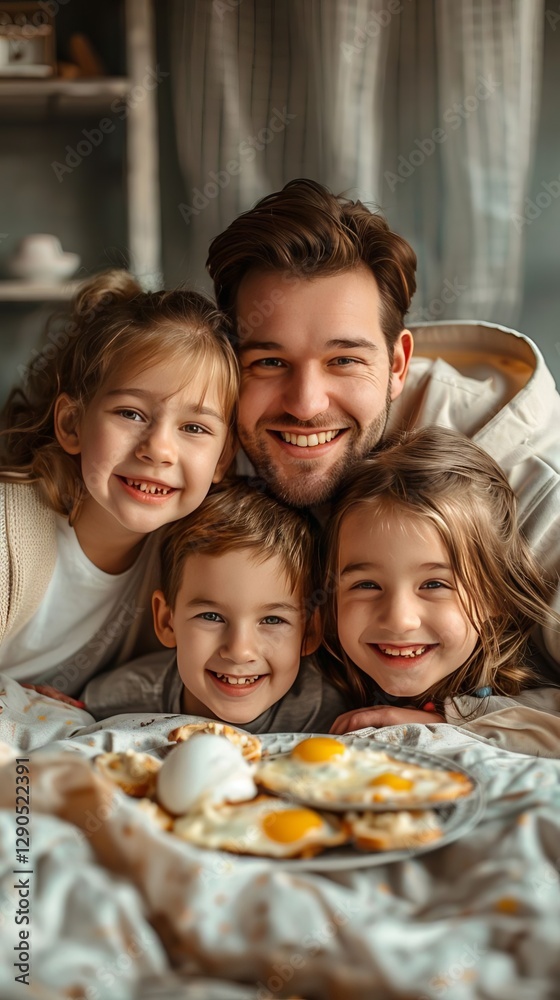 Happy Family with Children Enjoying Breakfast in Bed Smiling Faces Fried Eggs Happy Family with Children Enjoying Breakfast in Bed Smiling Faces Fried Eggs