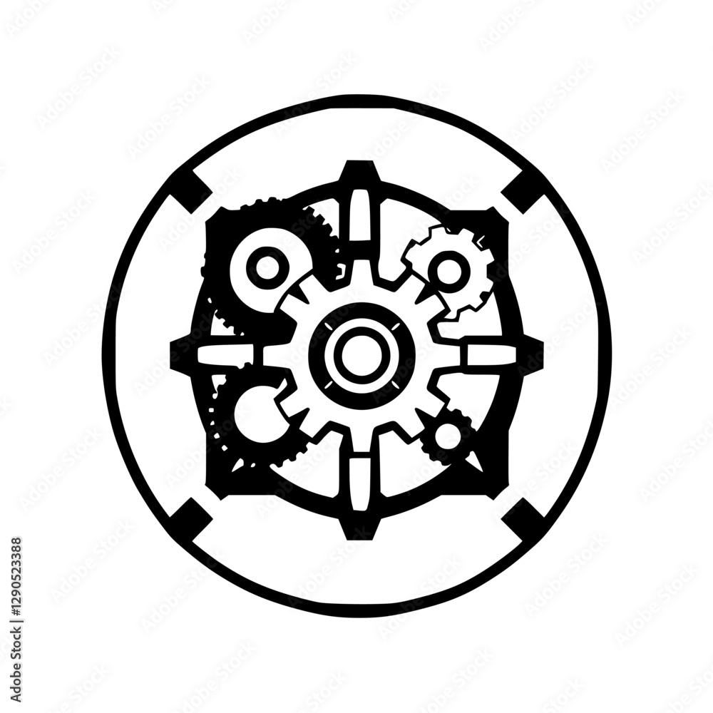 Gears & Cogs: Industrial Black & White Design, Symbolic Tech Icon, Gear-Shaped Complex Mechanism. Gears & Cogs: Industrial Black & White Design, Symbolic Tech Icon, Gear-Shaped Complex Mechanism.
